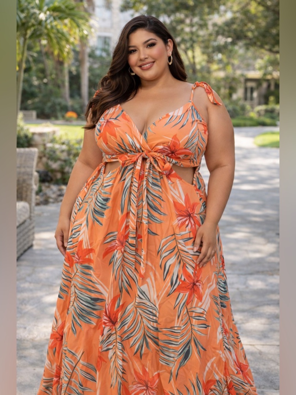 Plus Size Orange Tropical Tie-Front Maxi Dress